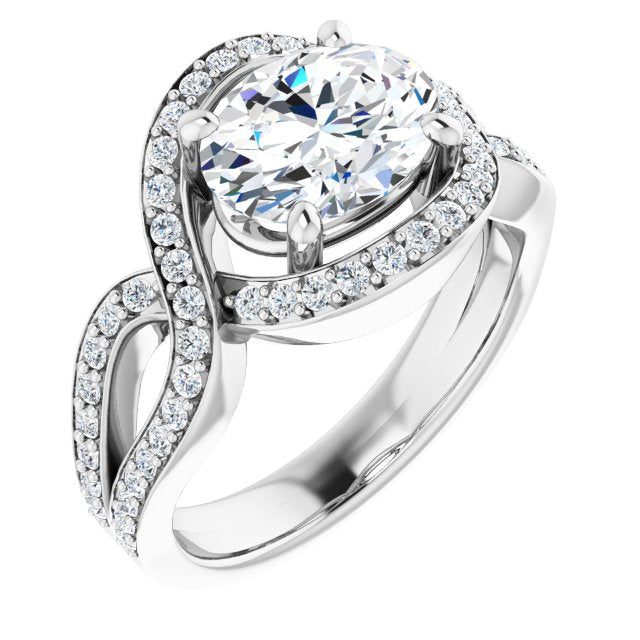 10K White Gold Customizable Oval Cut Center with Infinity-inspired Split Shared Prong Band and Bypass Halo