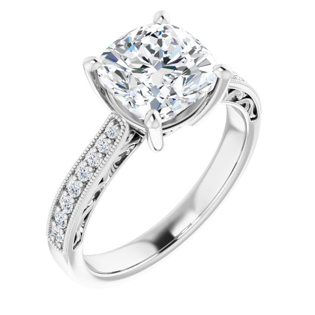 10K White Gold Customizable Cushion Cut Design with Round Band Accents and Three-sided Filigree Engraving