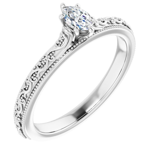 10K White Gold Customizable Marquise Cut Solitaire with Delicate Milgrain Filigree Band