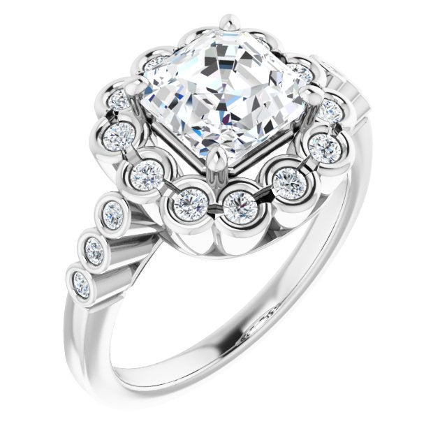 Cubic Zirconia Engagement Ring- The Berkley (Customizable Asscher Cut Design with Round-bezel Halo and Band Accents)