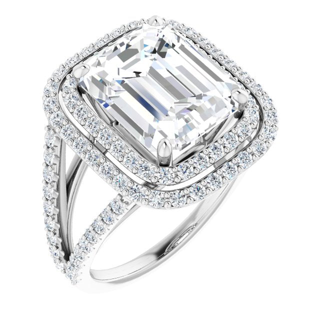 10K White Gold Customizable Emerald/Radiant Cut Design with Double Halo and Wide Split-Pavé Band