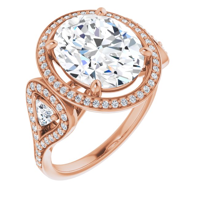 10K Rose Gold Customizable Cathedral-set Oval Cut Design with 2 Trillion Cut Accents, Halo and Split-Shared Prong Band