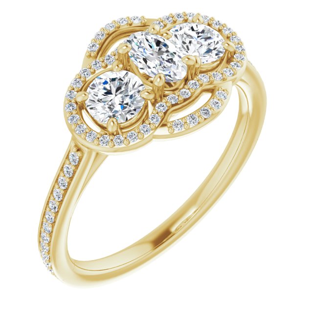 10K Yellow Gold Customizable Enhanced 3-stone Double-Halo Style with Oval Cut Center and Thin Band