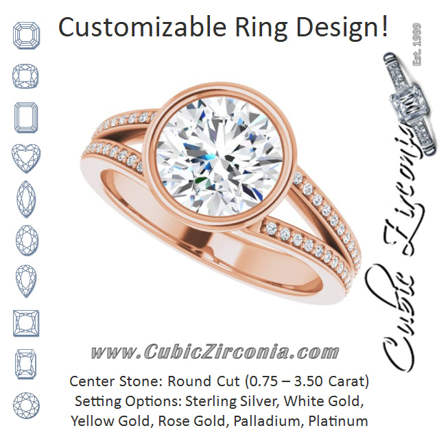 Cubic Zirconia Engagement Ring- The Jenni Lou (Customizable Bezel-set Round Cut Design with Split Shared Prong Band)