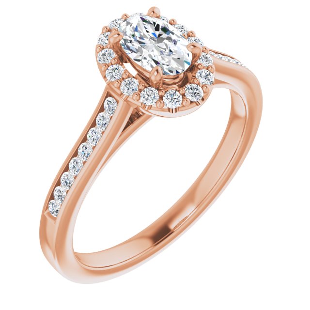 10K Rose Gold Customizable Oval Cut Design with Halo, Round Channel Band and Floating Peekaboo Accents