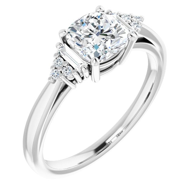 10K White Gold Customizable 9-stone Design with Cushion Cut Center, Side Baguettes and Tri-Cluster Round Accents