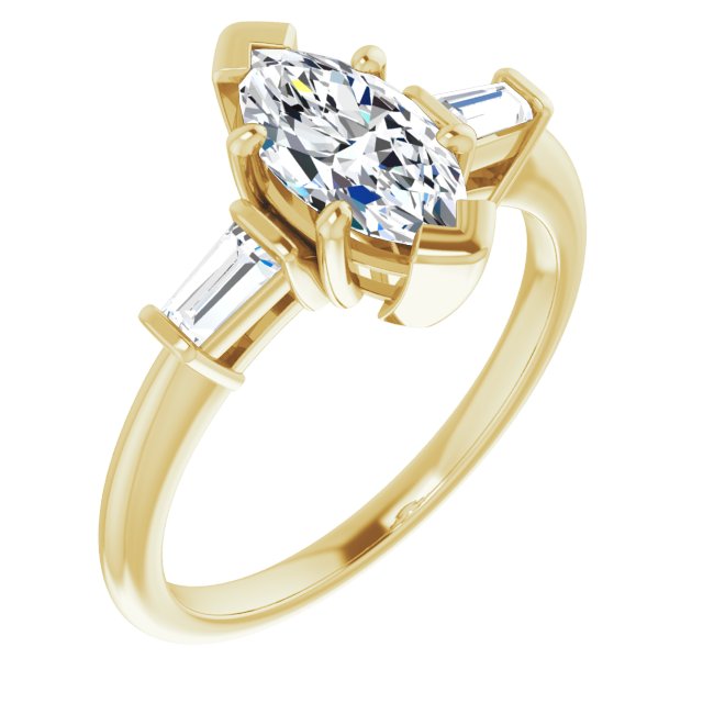 10K Yellow Gold Customizable 3-stone Marquise Cut Design with Dual Baguette Accents)
