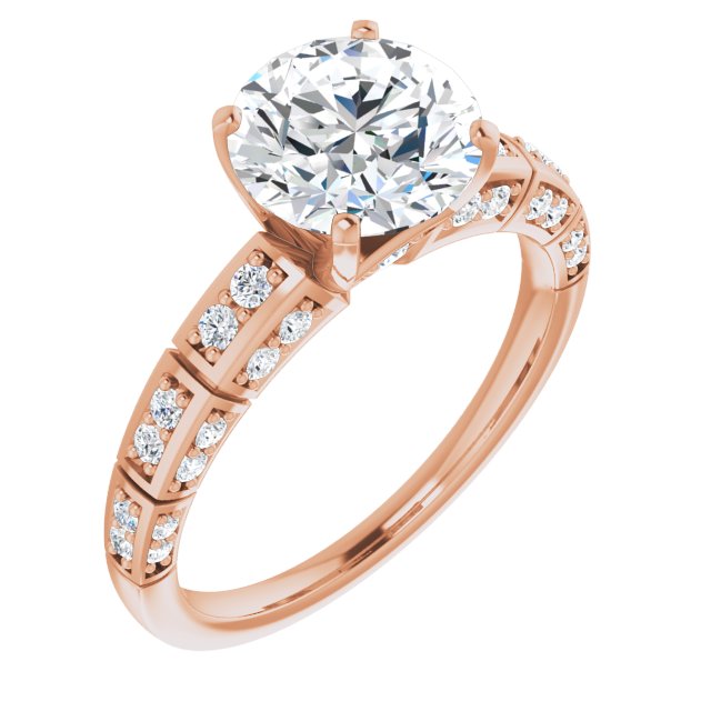 14K Rose Gold Customizable Round Cut Style with Three-sided, Segmented Shared Prong Band