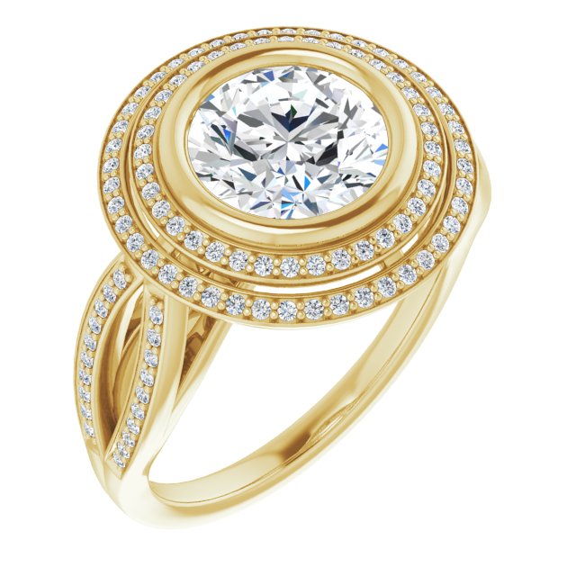 14K Yellow Gold Customizable Bezel-set Round Cut Style with Double Halo and Split Shared Prong Band