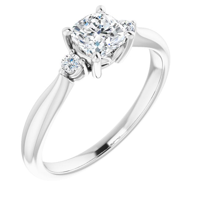 10K White Gold Customizable 3-stone Cushion Cut Design with Twin Petite Round Accents