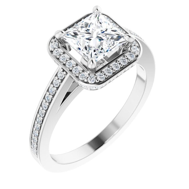 10K White Gold Customizable Cathedral-set Princess/Square Cut Design with Halo, Thin Pavé Band & Round-Bezel Peekaboos