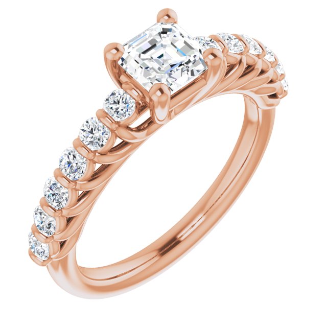 10K Rose Gold Customizable Asscher Cut Style with Round Bar-set Accents