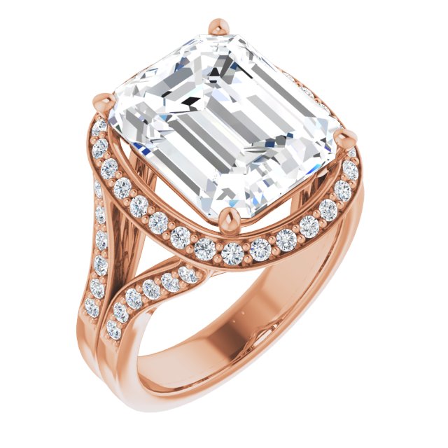 10K Rose Gold Customizable Emerald/Radiant Cut Halo Style with Accented Split-Band