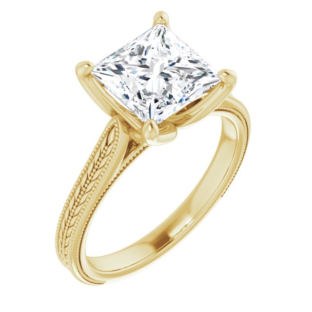 Cubic Zirconia Engagement Ring- The Dulcia (Customizable Princess/Square Cut Solitaire with Wheat-inspired Band)