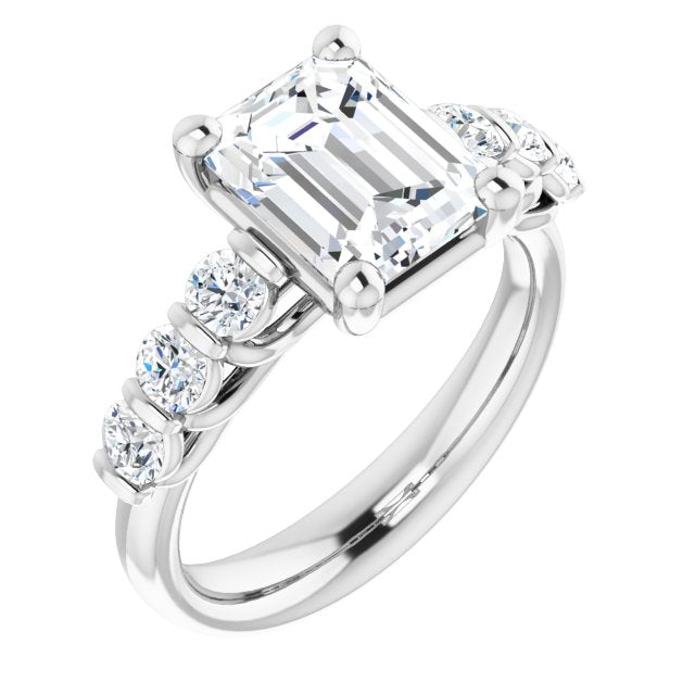 10K White Gold Customizable 7-stone Emerald/Radiant Cut Style with Round Bar-set Accents
