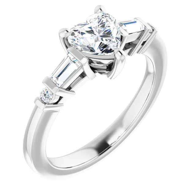 10K White Gold Customizable 5-stone Baguette+Round-Accented Heart Cut Design)