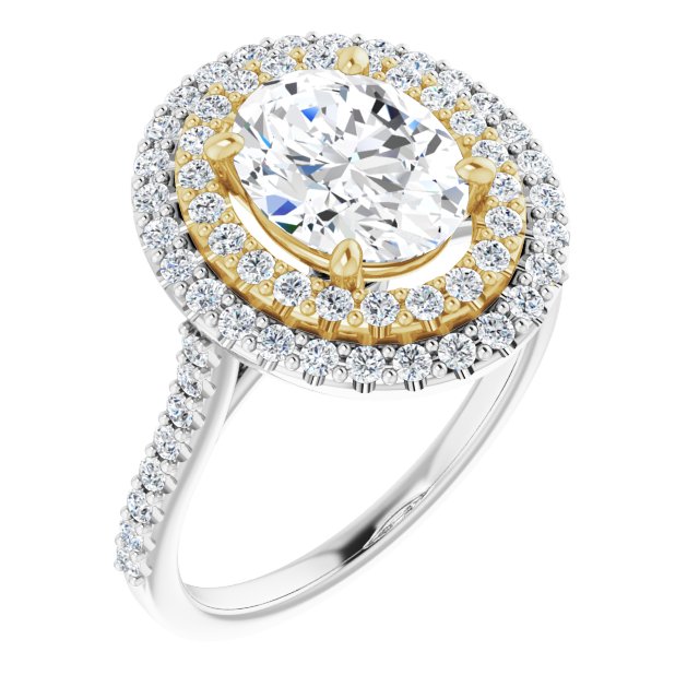 14K White & Yellow Gold Customizable Double-Halo Oval Cut Design with Accented Split Band