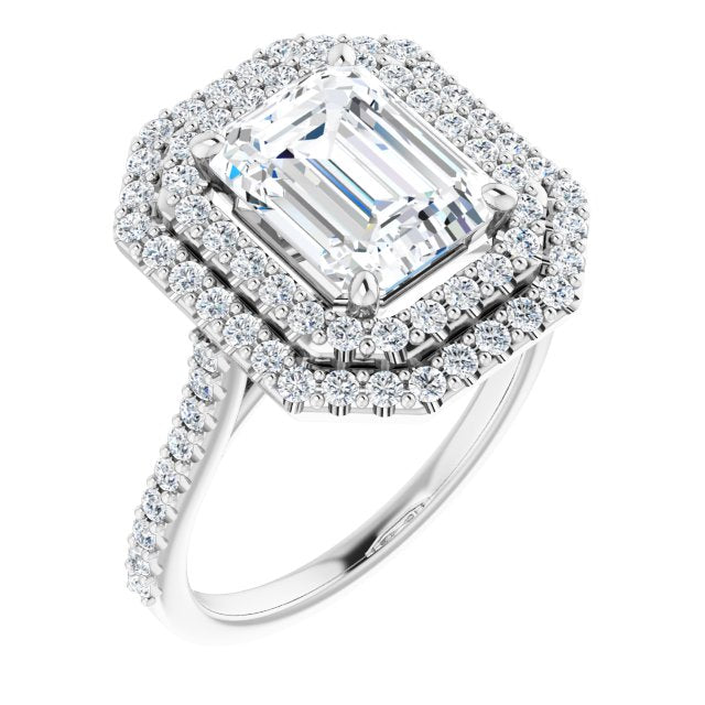 10K White Gold Customizable Double-Halo Emerald/Radiant Cut Design with Accented Split Band