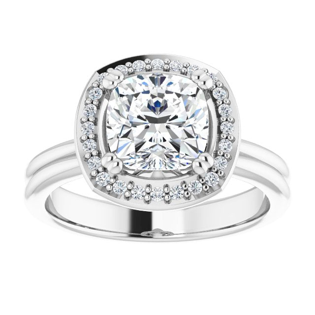 Cubic Zirconia Engagement Ring- The Jeanine Marie (Customizable Cushion Cut Style with Scooped Halo and Grooved Band)