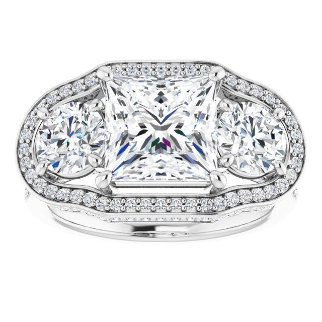 Cubic Zirconia Engagement Ring- The Iekika (Customizable 3-stone Princess/Square Cut Design with Multi-Halo Enhancement and 150+-stone Pavé Band)