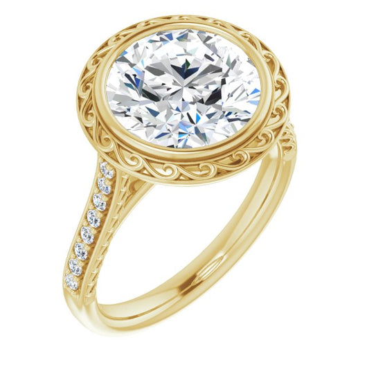 10K Yellow Gold Customizable Cathedral-Bezel Round Cut Design featuring Accented Band with Filigree Inlay