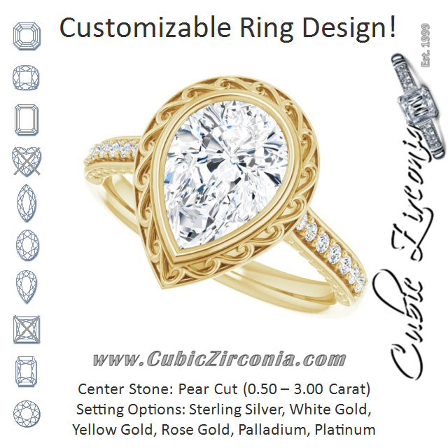 Cubic Zirconia Engagement Ring- The Itzayana (Customizable Cathedral-Bezel Pear Cut Design featuring Accented Band with Filigree Inlay)