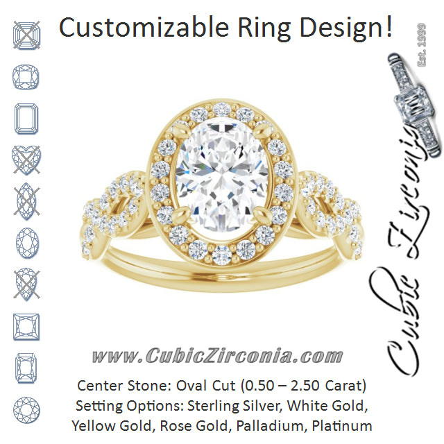Cubic Zirconia Engagement Ring- The Jakayla (Customizable Cathedral-Halo Oval Cut Design with Artisan Infinity-inspired Twisting Pavé Band)