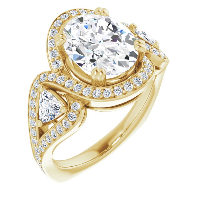10K Yellow Gold Customizable Oval Cut Center with Twin Trillion Accents, Twisting Shared Prong Split Band, and Halo