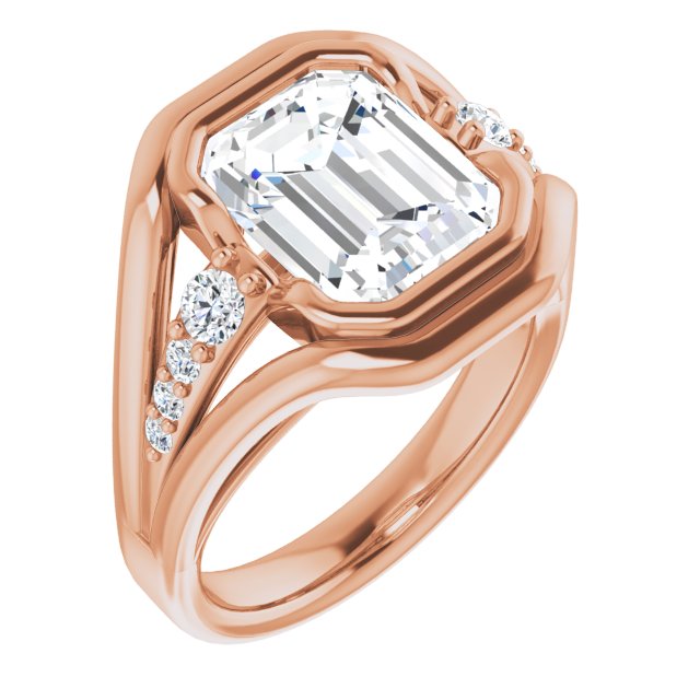 10K Rose Gold Customizable 9-stone Emerald/Radiant Cut Design with Bezel Center, Wide Band and Round Prong Side Stones