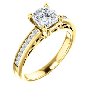 Cubic Zirconia Engagement Ring- The Jazmin Ella (Customizable Cushion Cut with Three-sided Filigree and Channel Accents)