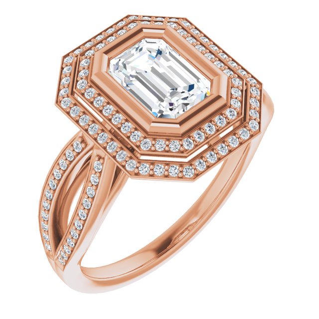 10K Rose Gold Customizable Bezel-set Emerald/Radiant Cut Style with Double Halo and Split Shared Prong Band