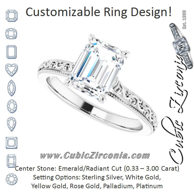 Cubic Zirconia Engagement Ring- The Conchita (Customizable Radiant Cut Solitaire with Delicate Milgrain Filigree Band)