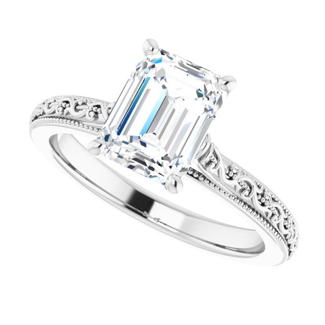 Cubic Zirconia Engagement Ring- The Conchita (Customizable Emerald Cut Solitaire with Delicate Milgrain Filigree Band)