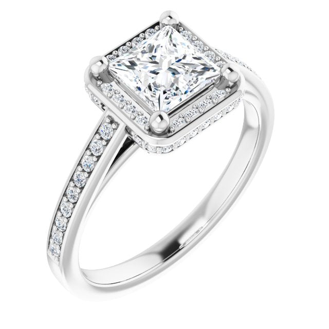 10K White Gold Customizable Cathedral-Halo Princess/Square Cut Design with Under-halo & Shared Prong Band
