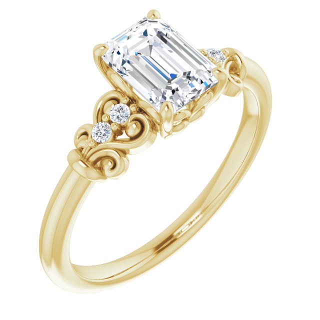 10K Yellow Gold Customizable Vintage 5-stone Design with Emerald/Radiant Cut Center and Artistic Band Décor