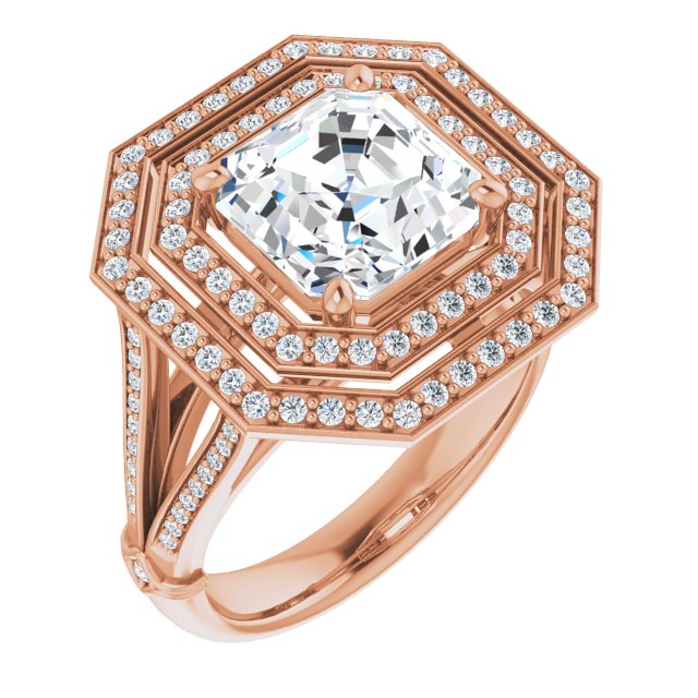 10K Rose Gold Customizable Cathedral-set Asscher Cut Design with Double Halo, Wide Split-Shared Prong Band and Side Knuckle Accents
