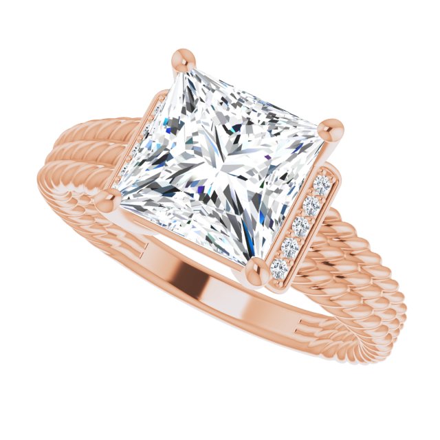 Cubic Zirconia Engagement Ring- The Junio (Customizable 11-stone Design featuring Princess/Square Cut Center, Vertical Round-Channel Accents & Wide Triple-Rope Band)