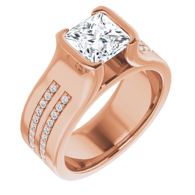 18K Rose Gold Customizable Bezel-set Princess/Square Cut Design with Thick Band featuring Double-Row Shared Prong Accents
