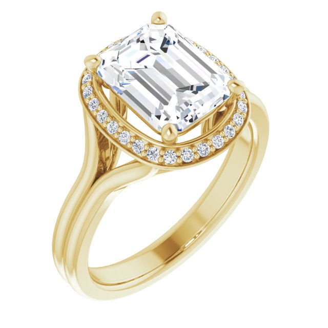 10K Yellow Gold Customizable Cathedral-set Emerald/Radiant Cut Design with Split-band & Halo Accents