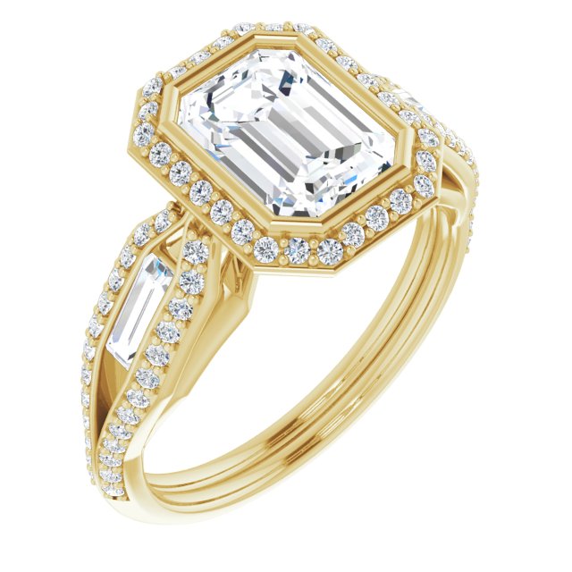 Cubic Zirconia Engagement Ring- The Alekhya (Customizable Cathedral-Bezel Emerald Cut Design with Halo, Split-Pavé Band & Channel Baguettes)