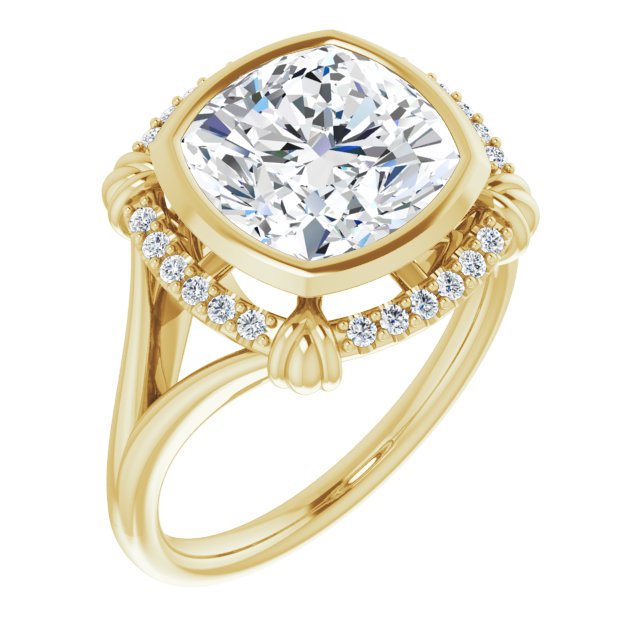 10K Yellow Gold Customizable Cushion Cut Design with Split Band and "Lion's Mane" Halo