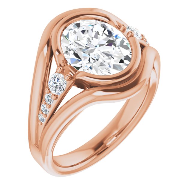 10K Rose Gold Customizable 9-stone Oval Cut Design with Bezel Center, Wide Band and Round Prong Side Stones