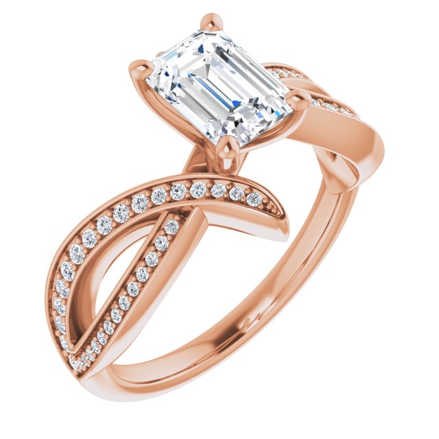 10K Rose Gold Customizable Emerald/Radiant Cut Design with Swooping Pavé Bypass Band