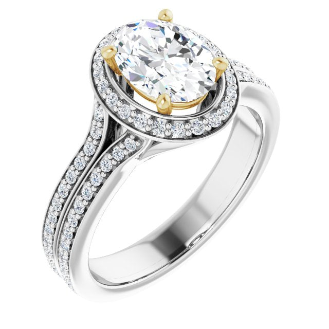 14K White & Yellow Gold Customizable Cathedral-raised Oval Cut Setting with Halo and Shared Prong Band