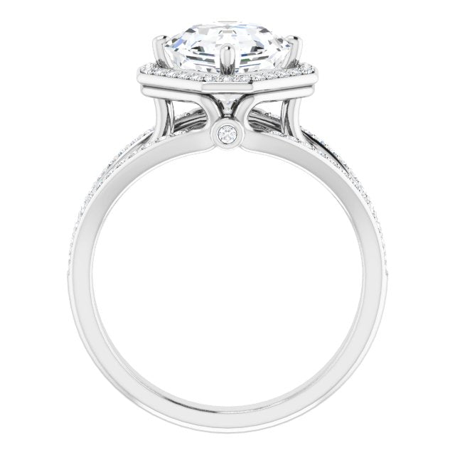 Cubic Zirconia Engagement Ring- The Hanna Jo (Customizable High-set Asscher Cut Design with Halo, Wide Tri-Split Shared Prong Band and Round Bezel Peekaboo Accents)