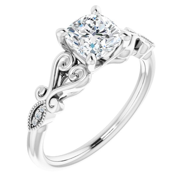 10K White Gold Customizable 7-stone Design with Cushion Cut Center Plus Sculptural Band and Filigree