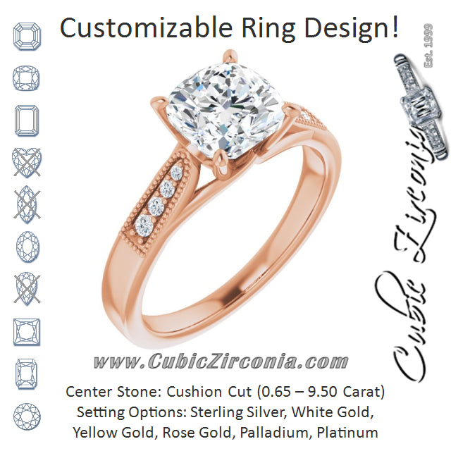 Cubic Zirconia Engagement Ring- The Ivana (Customizable 9-stone Vintage Design with Cushion Cut Center and Round Band Accents)