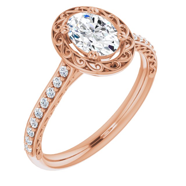 10K Rose Gold Customizable Oval Cut Halo Design with Filigree and Accented Band