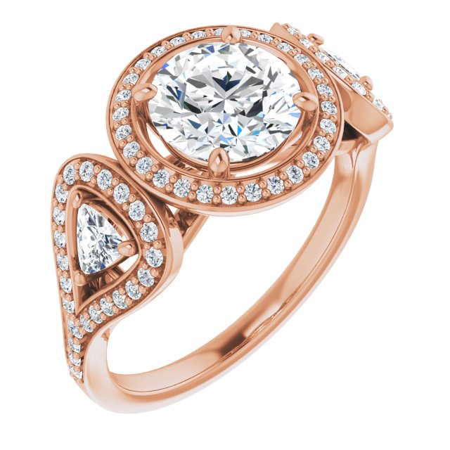 10K Rose Gold Customizable Cathedral-set Round Cut Design with 2 Trillion Cut Accents, Halo and Split-Shared Prong Band