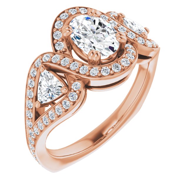 10K Rose Gold Customizable Oval Cut Center with Twin Trillion Accents, Twisting Shared Prong Split Band, and Halo